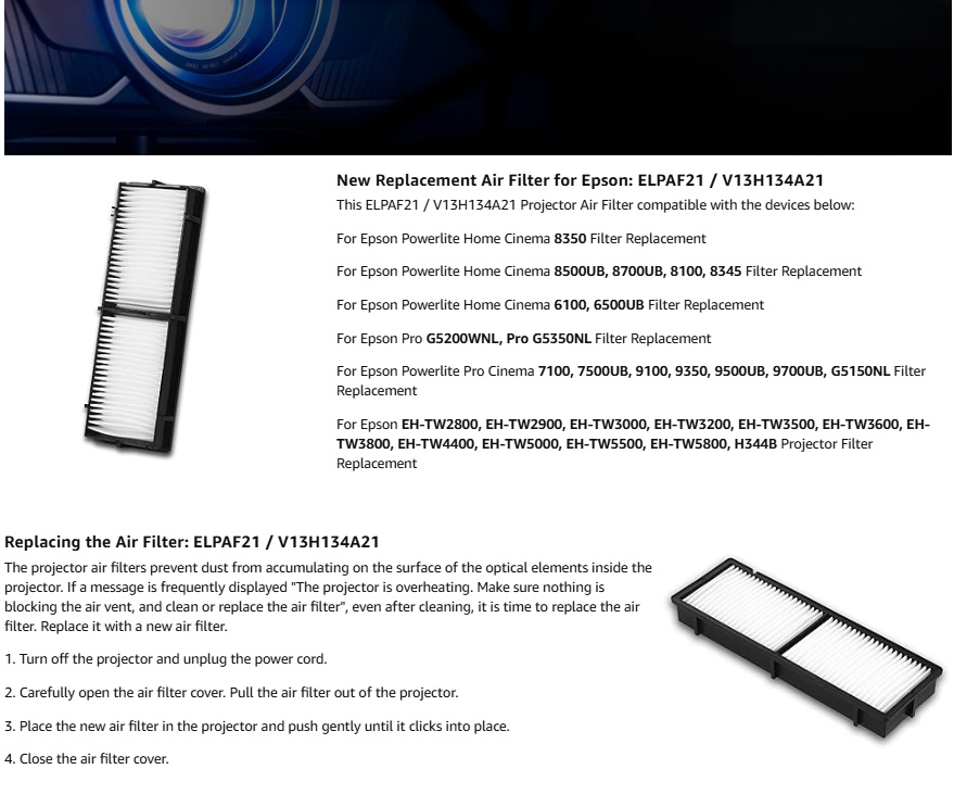 Replacement ELPAF21 Air Filter - Home Cinema Epson のレビューと価格